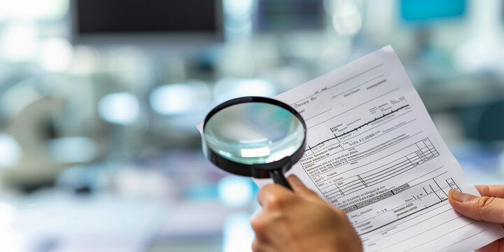 hand holding a magnifying glass over a medical bill, photorealistically focusing on the fine print and numbers, with a blurred background of medical equipment, in a clinical, bright setting