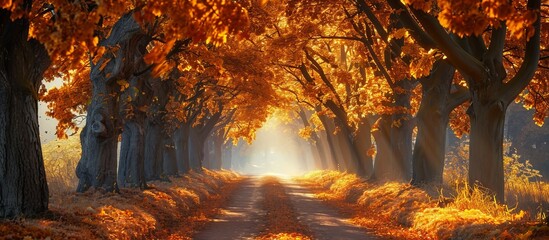Magical Autumn: A Stunning Path with Trees, Leaves, and Mount Along the Autumn-Filled Path