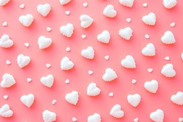 pattern of white hearts on a pink background with a border of small hearts