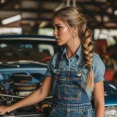 A blonde female mechanic working on an American muscle car.