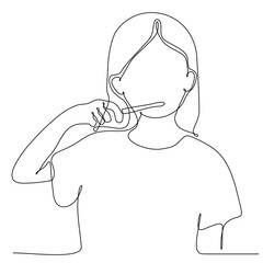 continuous line drawing of little boy brushing teeth