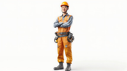 A male construction worker with safety equipment. Professional photography on a white background.