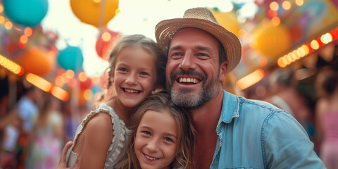 Family at a carnival holiday. Happy father with daughters enjoying a fun fair with colorful balloons