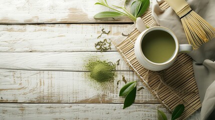 Flat lay photo with space for text. Matcha green tea on wooden background. Cup of matcha tea, bamboo matcha whisk. - obrazy, fototapety, plakaty