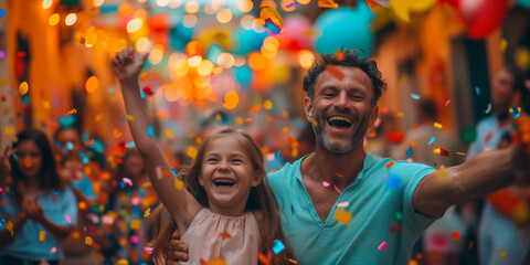 Obraz premium Family at a carnival holiday Father and daughter celebrating with laughter amidst a shower of confetti