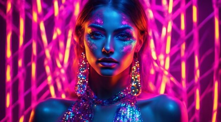 Naklejka na ściany i meble portrait of a woman with creative make up, pretty young woman UV Neon Pigment Makeup Fluorescent colors, dark background, UV makeup