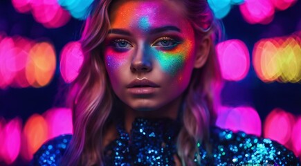 portrait of a woman with creative make up, pretty young woman UV Neon Pigment Makeup Fluorescent colors, dark background, UV makeup - obrazy, fototapety, plakaty