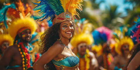 Obraz na płótnie Canvas Brazilian and carnival and festival. Radiant samba dancer with feather headdress at a vibrant carnival parade