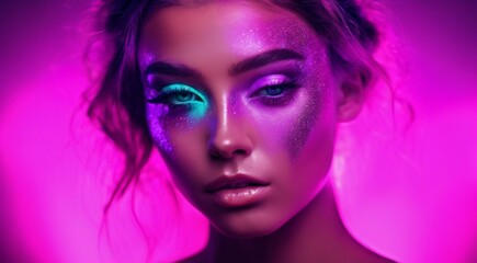 portrait of a woman with creative make up, pretty young woman UV Neon Pigment Makeup Fluorescent colors, dark background, UV makeup