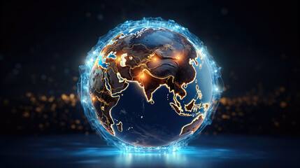 A glowing digital representation of Earth with illuminated network connections highlights global communication and data exchange against a backdrop of city lights at night.