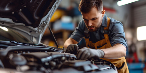 Worker repairing a car. Professional mechanic in uniform working under car hood in auto repair shop. Car service - obrazy, fototapety, plakaty