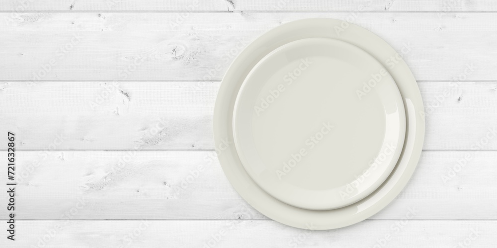 Poster two stacked empty white porcelain plates on white wooden table background with copy space, flat lay 