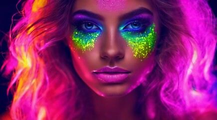 Obraz na płótnie Canvas portrait of a woman with creative make up, pretty young woman UV Neon Pigment Makeup Fluorescent colors, dark background, UV makeup