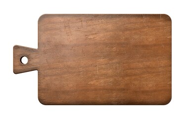 Old rustic empty wooden cutting or chopping board isolated on white background flat lay top view from above