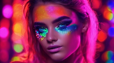 portrait of a woman with creative make up, pretty young woman UV Neon Pigment Makeup Fluorescent colors, dark background, UV makeup