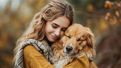 A heartwarming embrace between a girl and her loyal canine companion under the vibrant autumn trees