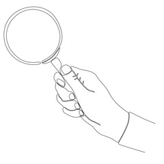 Holding magnifying glass line icon - continuous line drawing