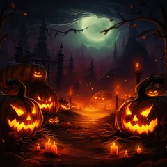 Fototapeta premium Halloween promotional banner background. Halloween night scene background with pumpkin within flames