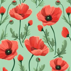  Hand-drawn style delicate abstract poppy flower illustration pattern in front of green background, elegant natural retro design