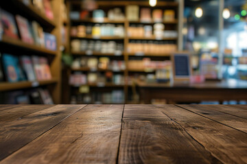 Empty wooden table with blurred bookstore background, shelves and bookstore promotions. Space for product or brand advertising
