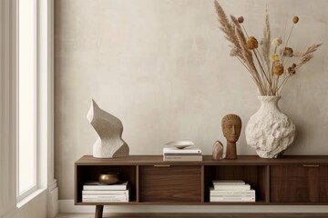 Interior design of aesthetic living room interior with copy space, wooden sideboard, vase with dried flowers, books, modern sculpture, beige wall with stucco and accessories. generative ai.
