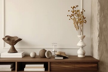 Interior design of aesthetic living room interior with copy space, wooden sideboard, vase with dried flowers, books, modern sculpture, beige wall with stucco and accessories. generative ai.