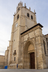 Fototapeta na wymiar Monumental Matrimony: The Door of the Newlyweds and the Tower of Palencia Cathedral.