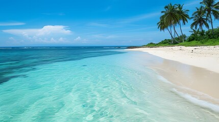 a serene beach with crystal clear blue water, white sandy shores, and palm trees swaying in the gentle breeze