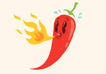 Vector illustration of a spicy chili pepper with flame in retro style. Cartoon red chili pepper for Mexican or Thai food.