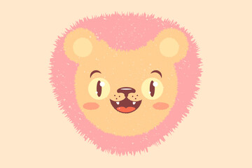 Vector illustration of head of a lion for children. Vector icon of kawaii lion for kids party. Baby lion emoji in retro style.