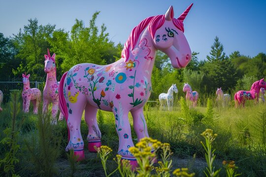 Figures of fairy pink and white painted unicorns and ponies on the green grass in the park