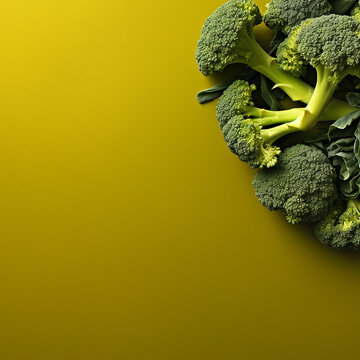 Half-section of fresh broccoli on a yellow background.