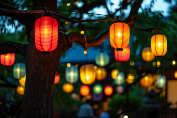 Japanese lantern festival with colorful lanterns hanging from tree - obrazy, fototapety, plakaty