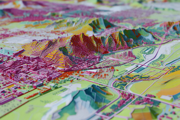 Fototapeta premium Digital elevation model. GIS product made after proccesing aerial pictures taken from a drone. It shows city urban area with roads and suburbs