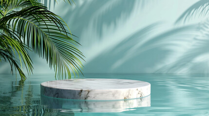 Fototapeta na wymiar Front view of marble podium stand in swimming pool water with palm leaves. Summer tropical background for new product, promotion sale, banner, presentation, cosmetic, copy space
