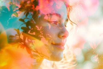 Floral portrait of a young woman in spring, natural lifestyle, double exposure photo