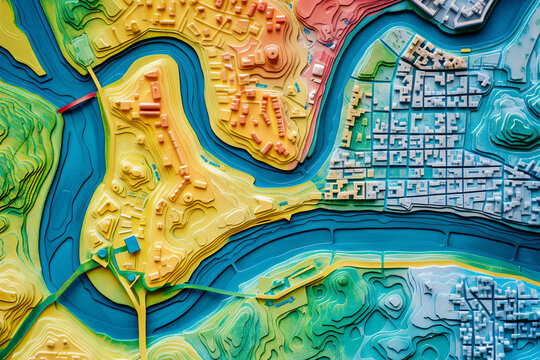 Digital elevation model. GIS product made after proccesing aerial pictures taken from a drone. It shows city urban area with roads and suburbs