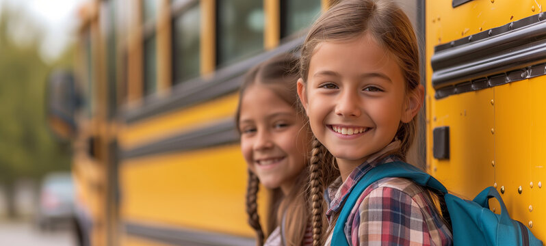 Back to school concept with smiling little schoolgirls ready to board school bus