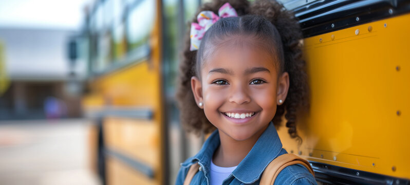 Back to school concept with smiling little schoolgirl ready to board school bus - Powered by Adobe