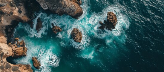 Captivating Aerial View of a Wild and Rocky Place with Soothing Se Waves - obrazy, fototapety, plakaty