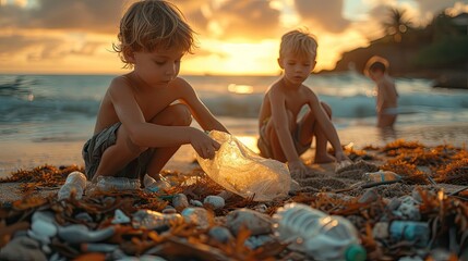 A candid image of children in a beach cleanup campaign, focused on putting a plastic bottle into a garbage bag. Realistic portrayal of the trash problem on the beach and the children's role in address - obrazy, fototapety, plakaty