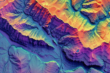 Digital elevation model. GIS product made after proccesing aerial pictures taken from a drone. It shows high rocky and steep mountain peaks. At their feet are visible valleys and mountain lakes - Powered by Adobe