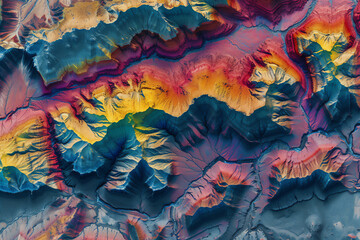 Digital elevation model. GIS product made after proccesing aerial pictures taken from a drone. It shows high rocky and steep mountain peaks. At their feet are visible valleys and mountain lakes - obrazy, fototapety, plakaty