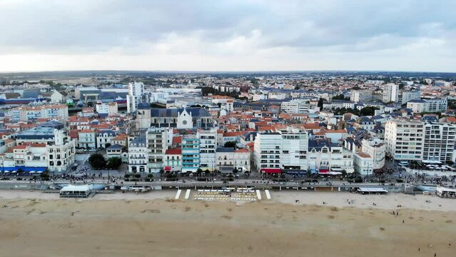Aerial drone view of sand beach in Les Sables d'0lonne , France