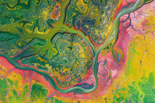 Digital elevation model of a riverway. A meandering and curving river with bends. GIS 3D product made from aerial data