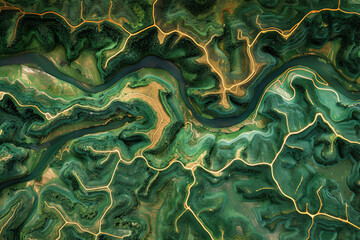 Digital elevation model of a riverway. A meandering and curving river with bends. GIS 3D product...