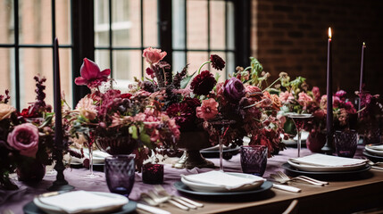 Dinner table setting in the warm glow of candlelight, tablescape featuring floral centerpiece, elegant burgundy glassware, and luxurious gold cutlery