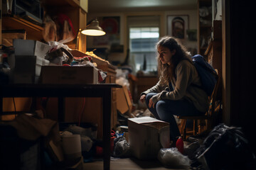 A young girl moves to college. She sits alone in a room amidst packed suitcases and boxes - obrazy, fototapety, plakaty