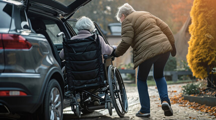 Obraz premium Healthcare Assistant Aiding Elderly, A healthcare assistant helping an elderly individual in a wheelchair get into a car, symbolizing dedicated support in elder mobility and transportation