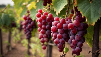 Close-up view of red grapes hanging from vine in vineyard - obrazy, fototapety, plakaty